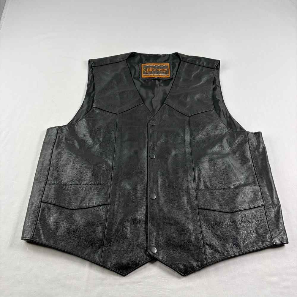 Daniel Smart Leather Vest Mens 3XL Black Biker Motorcycle Rider Snap Up